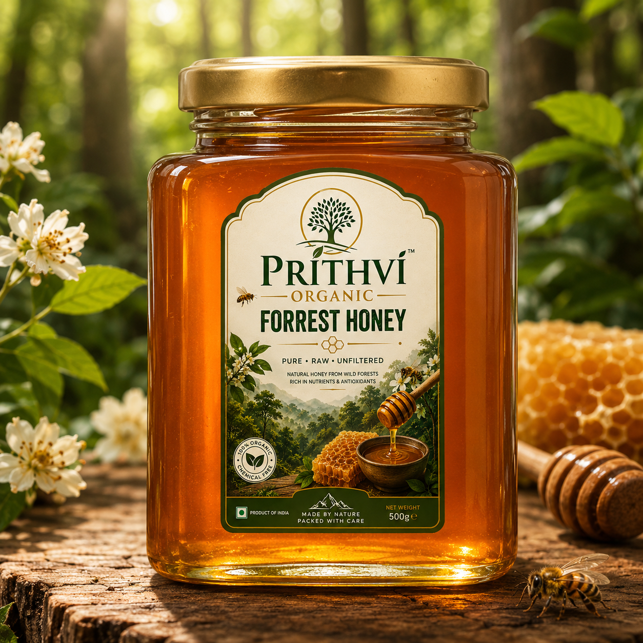 100% Raw Wild Forest Honey | 500ml Pack | Unfiltered & NMR Tested | Prithvi Organic