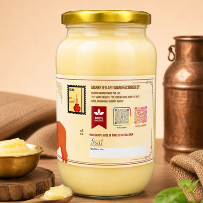 A 1-liter glass jar of Issai Pure A2 Buffalo Ghee, showing the back label with branding and product details