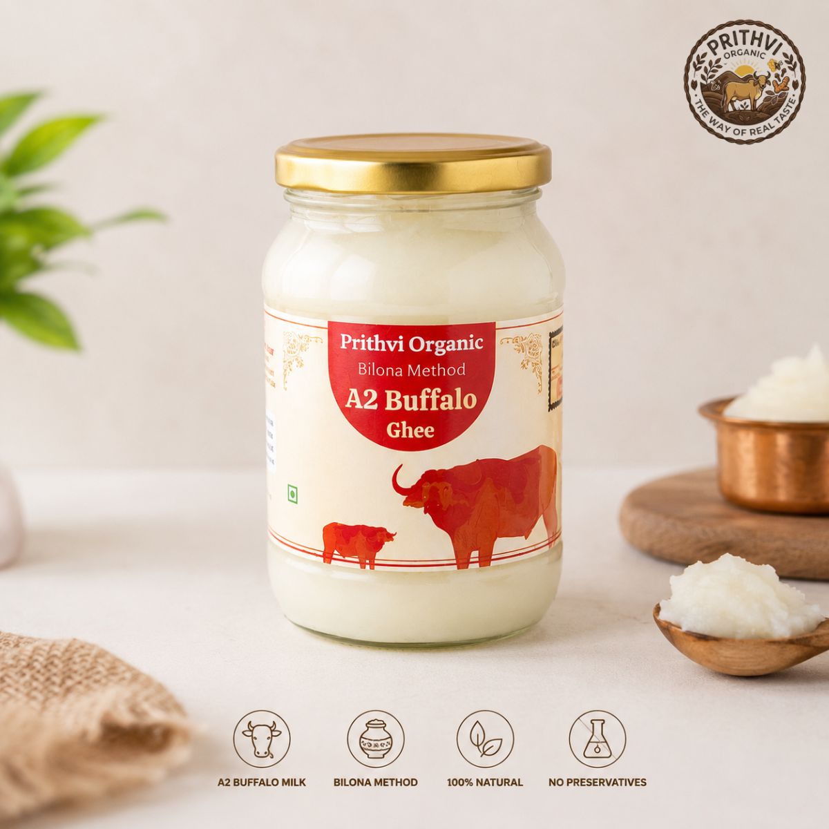 A2 Buffalo Desi Ghee 500ml | Prithvi Organic  | Traditional Bilona Method