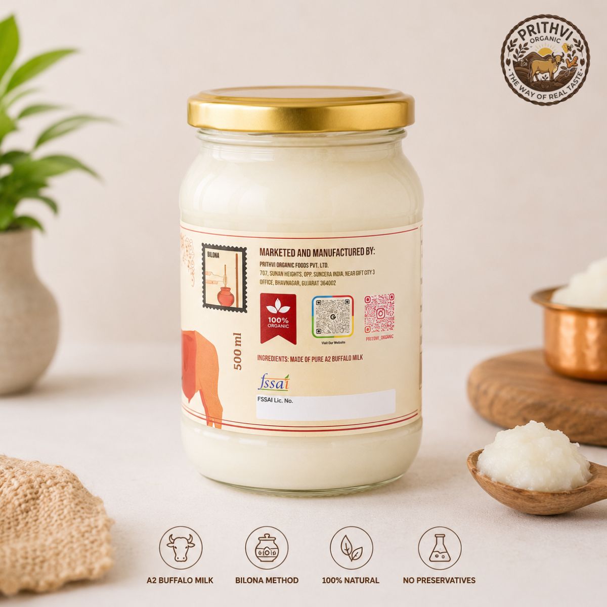 A2 Buffalo Desi Ghee 500ml | Prithvi Organic  | Traditional Bilona Method