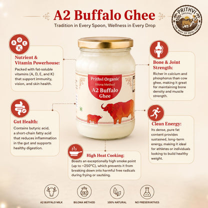 A2 Buffalo Ghee Benefits , Nutrients & Vitamins Powerhouse, Bones & Joints, Gut Health, Clean Energy, High Heat Cooking