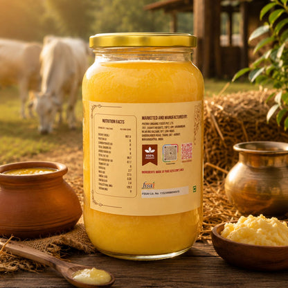 Prithvi Organic A2 Desi Cow Ghee Nutrition Facts and FSSAI No. made from Pure Vedic Bilona Method