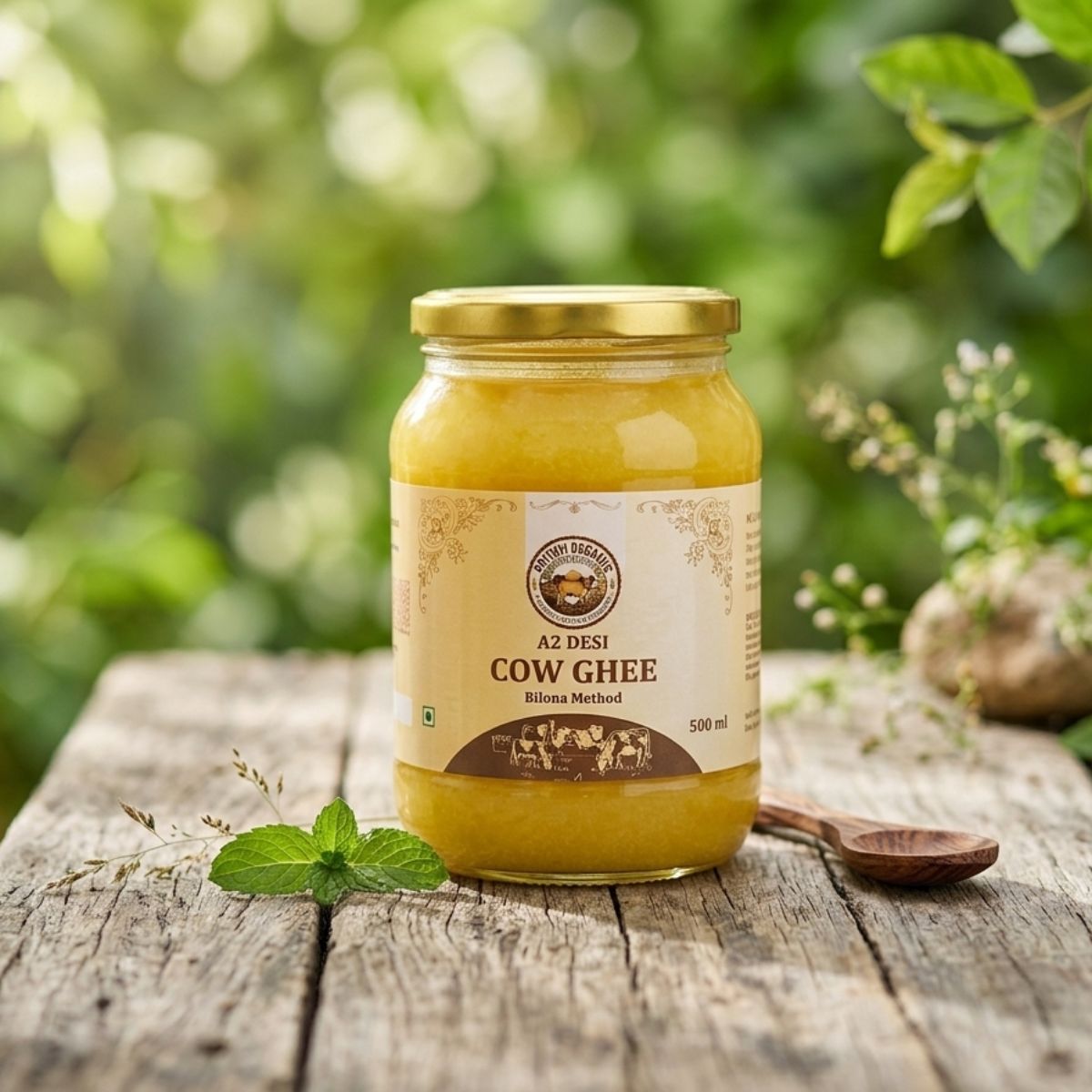 A jar of A2 Desi Cow Ghee (Bilona Method) sits on a rustic wooden table with fresh mint leaves and a wooden spoon, set against a soft-focus green garden background.
