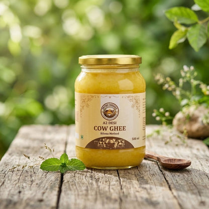 A jar of A2 Desi Cow Ghee (Bilona Method) sits on a rustic wooden table with fresh mint leaves and a wooden spoon, set against a soft-focus green garden background.