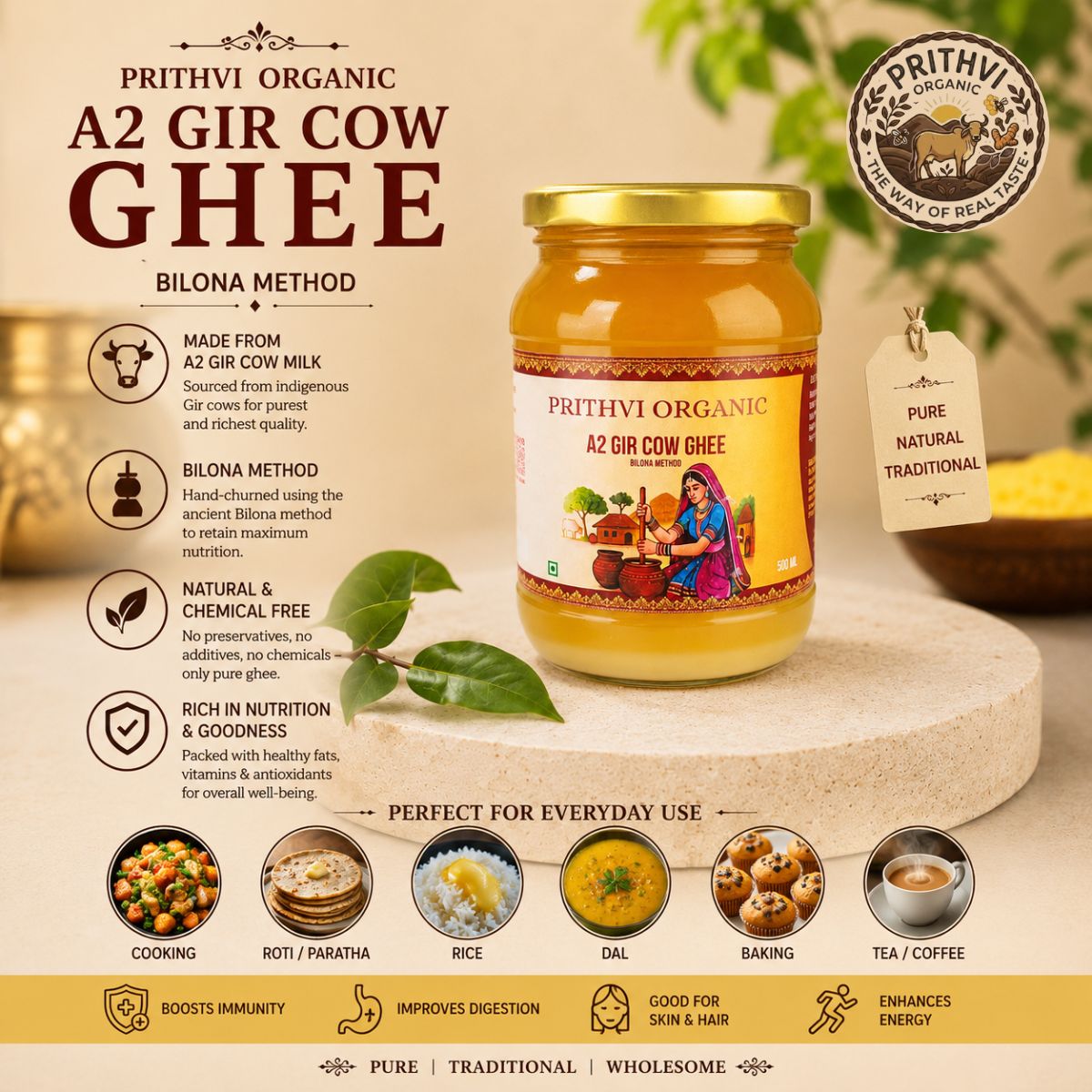 A jar of Prithvi Organic A2 Gir Cow Ghee displayed on a stone pedestal with informational text, icons, and food usage examples around it. The product is a glass jar with a gold lid and a cream label featuring red and blue illustrations.
