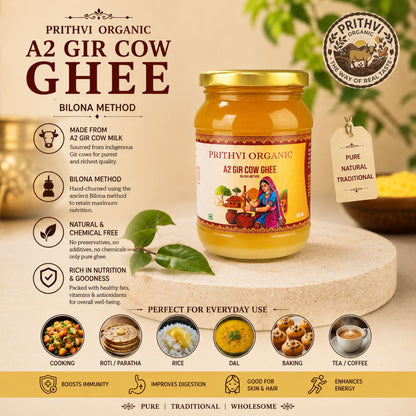 A jar of Prithvi Organic A2 Gir Cow Ghee displayed on a stone pedestal with informational text, icons, and food usage examples around it. The product is a glass jar with a gold lid and a cream label featuring red and blue illustrations.