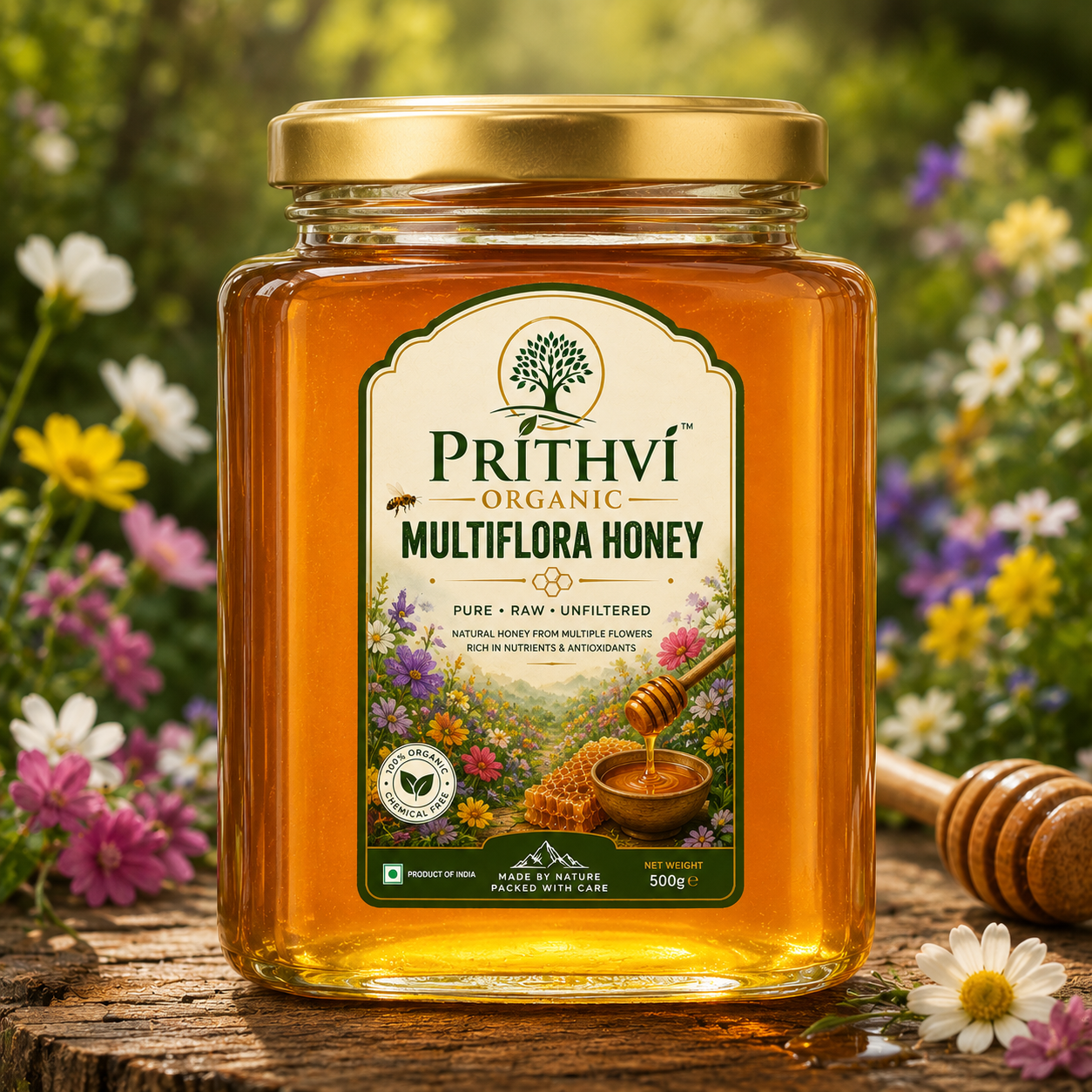 Raw Multiflora Honey | 500ml | Pure Wildflower Blend |  Prithvi Organic